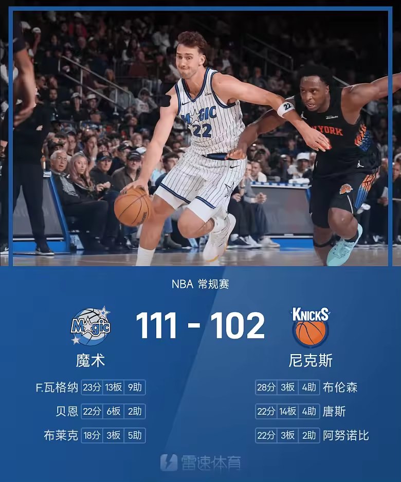 NBA战报小瓦格纳23分13板魔术111比102胜尼克斯