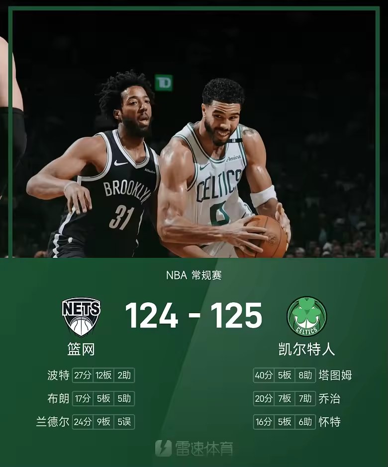 NBA战报塔图姆40分绝杀凯尔特人加时险胜篮网