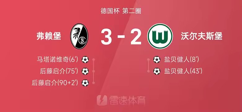 德国杯战报后藤启介双响弗赖堡绝杀沃尔夫斯堡